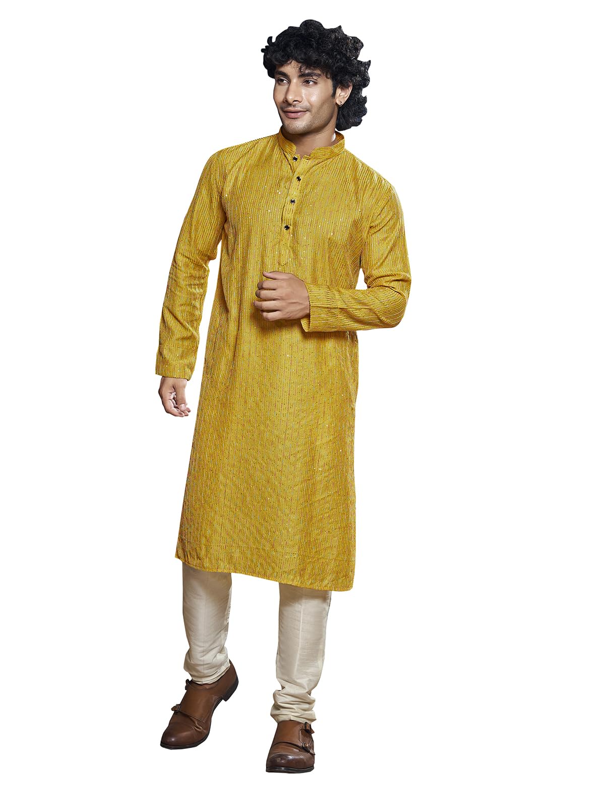 Vardha MenS Viscose Sequin Embellished Stitched Kurta, Yellow Pattern Thread Work Mandarin Collar Long Sleeves Straight Kurta, 