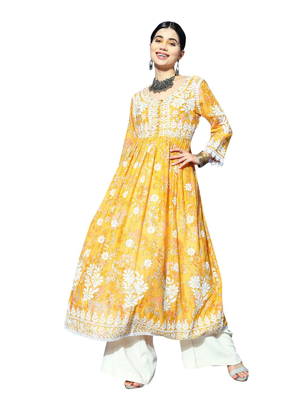 Ishin Women'S Mustard Embroidered Pleated Anarkali Kurta