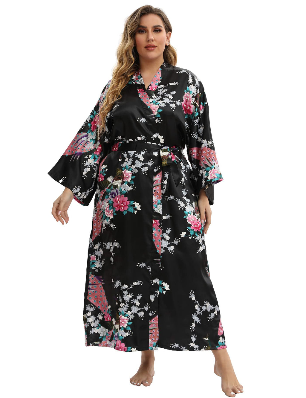 feslieacc Women's Long Robes Plus Size Long Satin Robes Black Floral Long Silk Robes Dressing Gown, Black, 2XL/3XL
