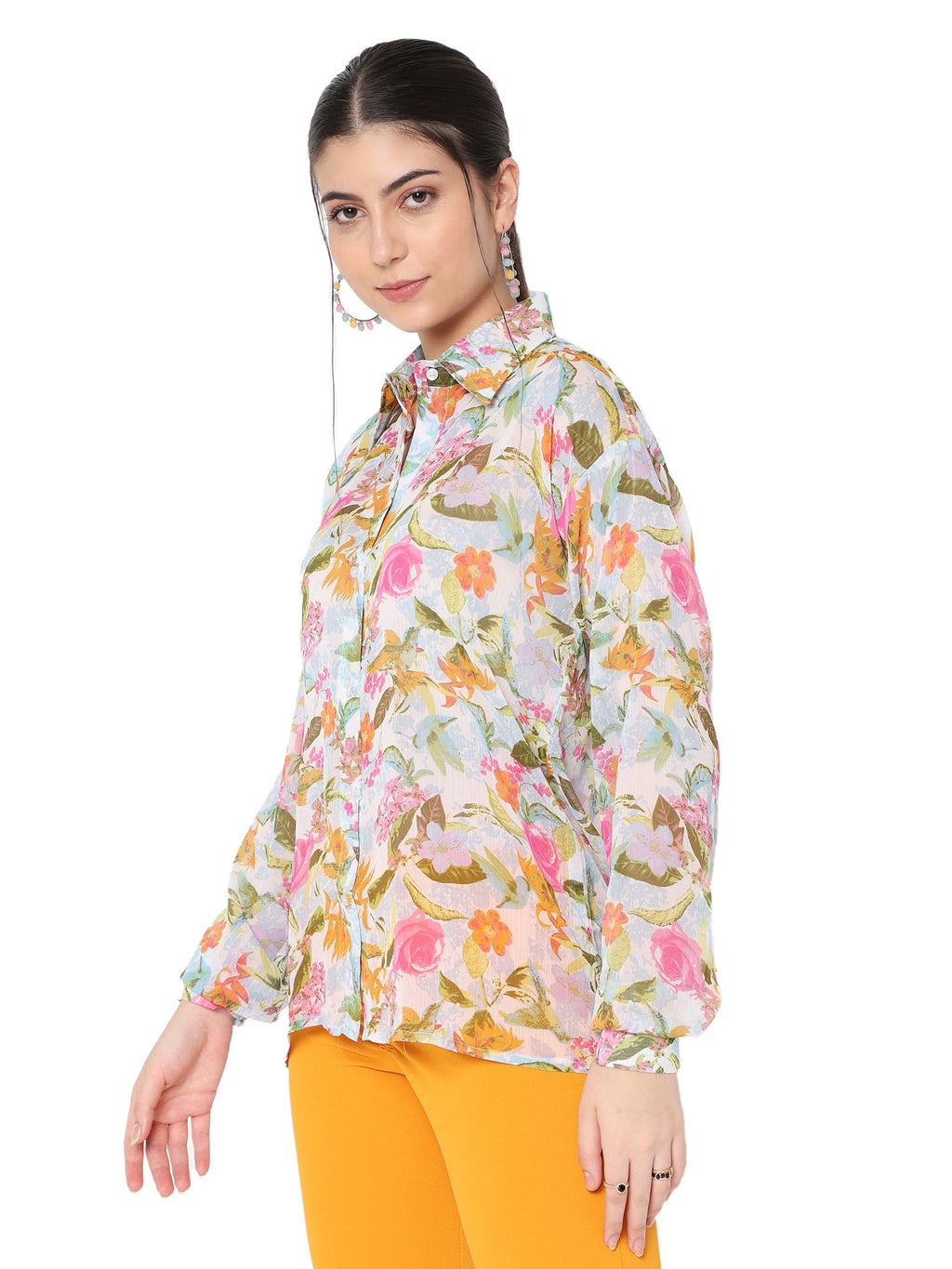 AVANOVA Sky Blue Floral Printed Chiffon Sheer Mesh Button Down Shirt Top Long Sleeve Drop Shoulder Blouse (Shirt 73 Sky Blue Flo
