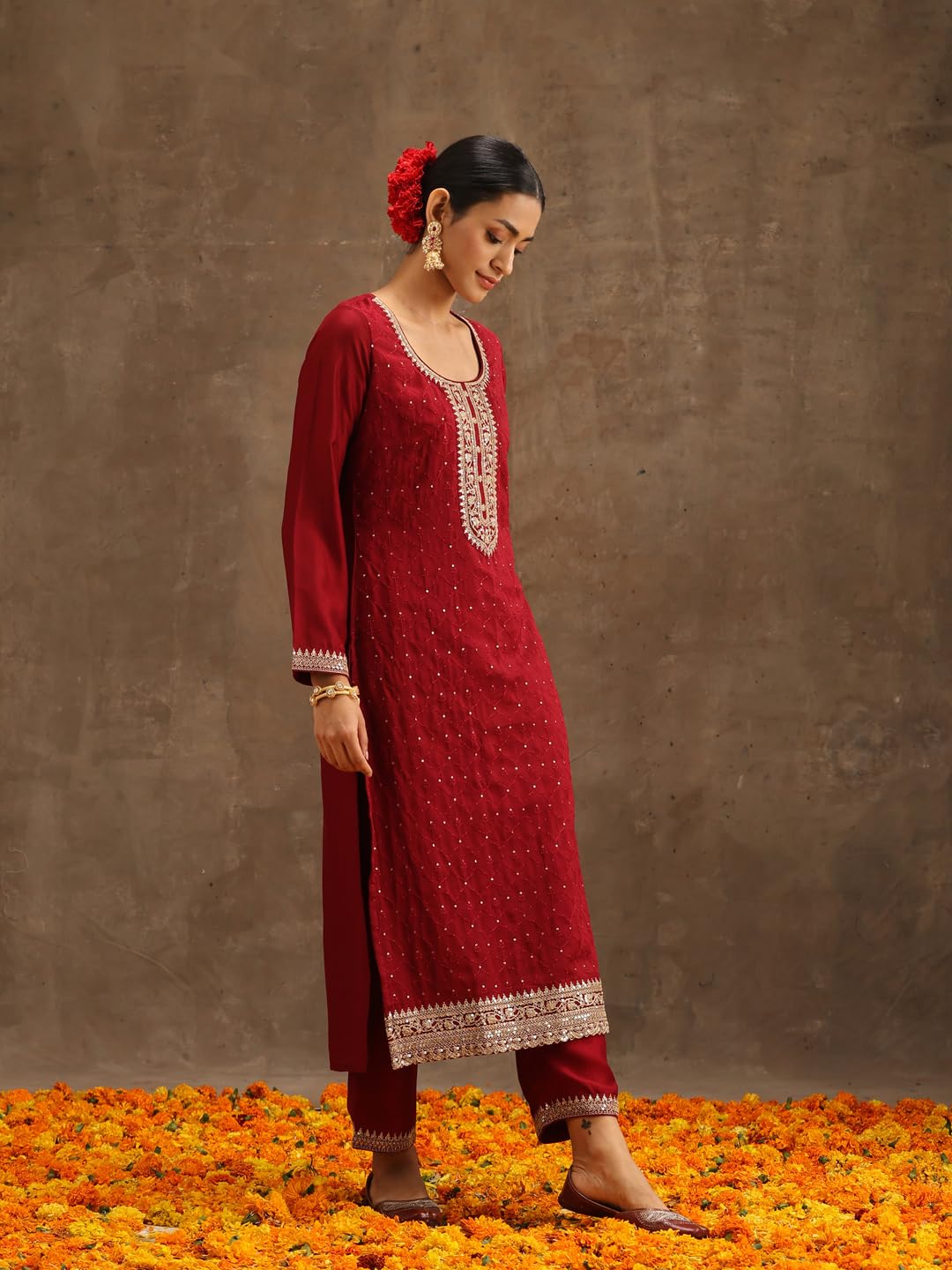 Libas WomenS Silk Blend Kurta Sets (38088O_Maroon