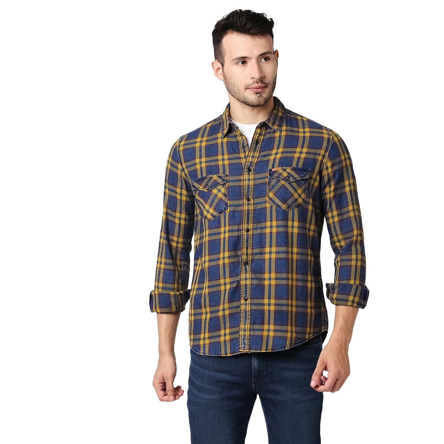 Pepe Jeans Mens Dent Indigo Twill Checks Shirt, Yellow,2Xl