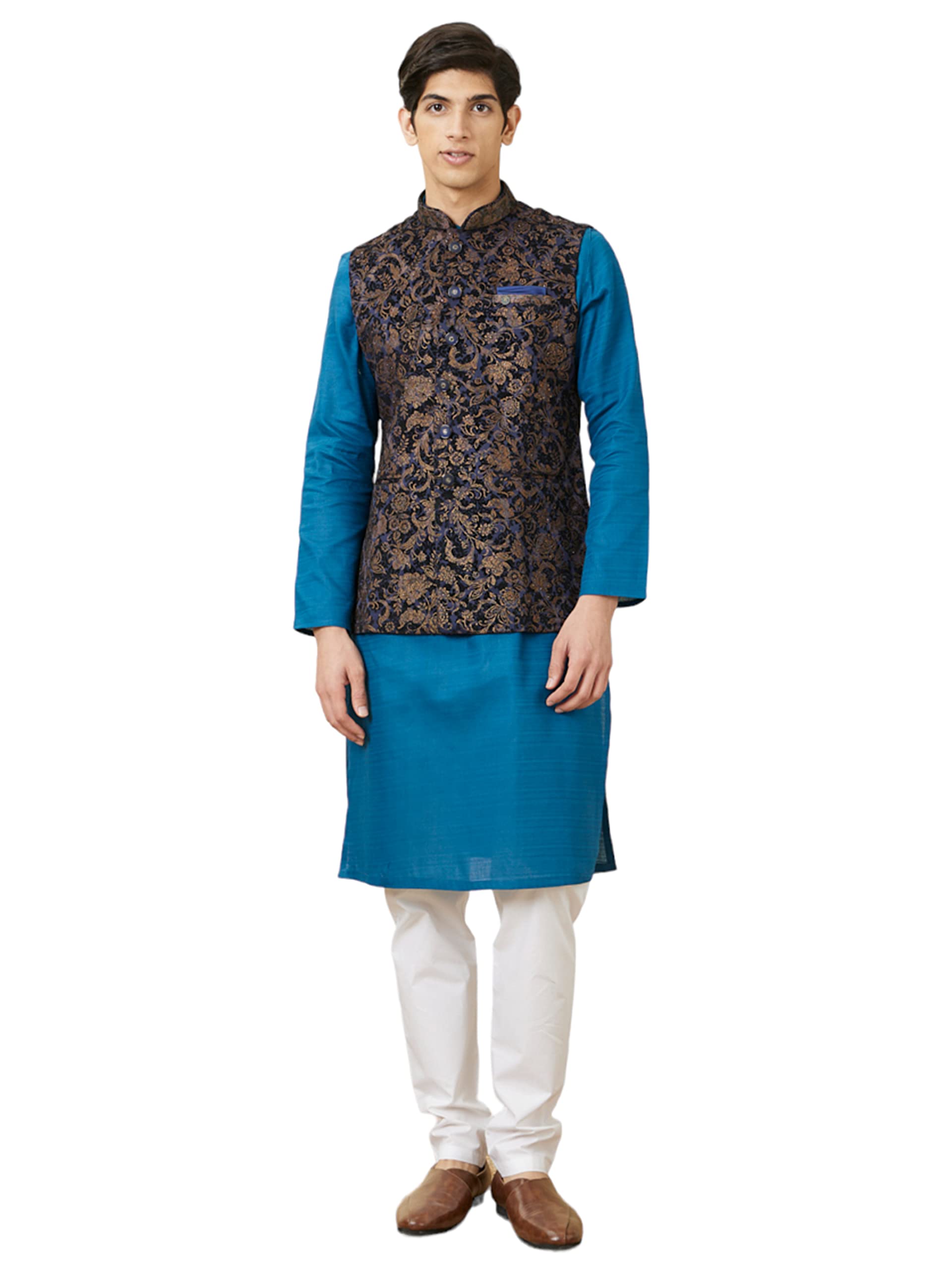 Manyavar Mens Velvet Printed Sleeveless Mandarin Collar Traditional Nehru Jacket (Blue,XL)