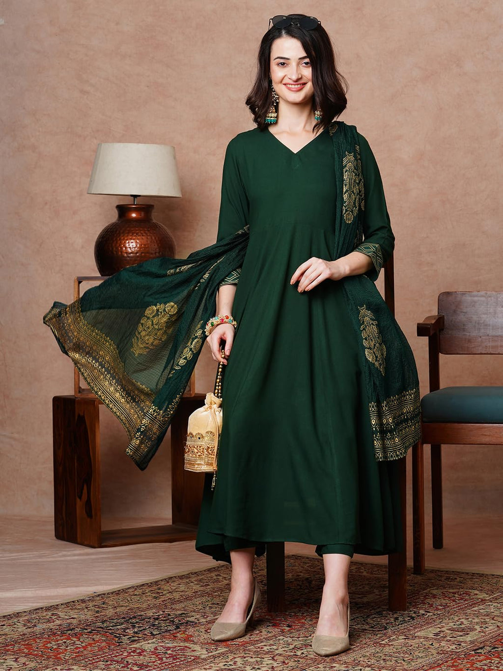 ANNI DESIGNER Women s Plain Cotton Blend Kurta Set, Green, L