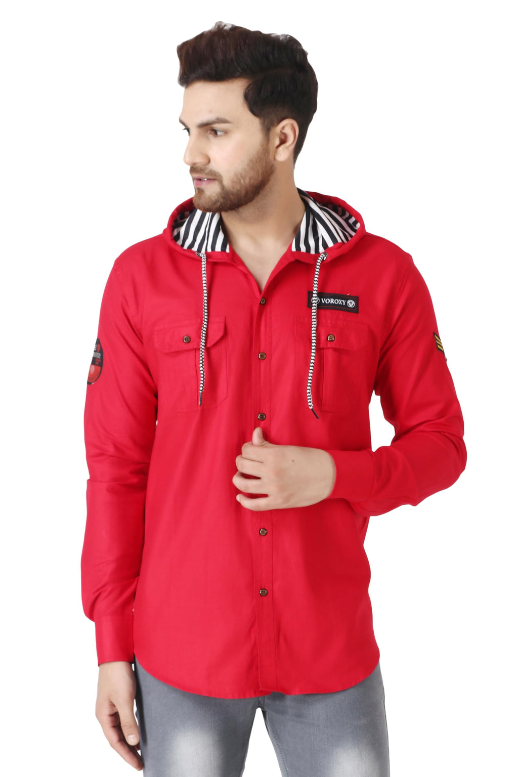 Besix MenS Red Tailored Fit Cotton Blend Shirt For Man With Hoodie - Casual Long Sleeve Shirt With Pockets - Patch Detail For S