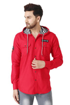 Besix MenS Red Tailored Fit Cotton Blend Shirt For Man With Hoodie - Casual Long Sleeve Shirt With Pockets - Patch Detail For S