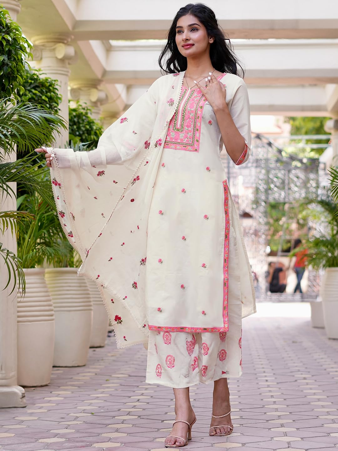 Libas Womens Yoke Design Cotton Straight Kurta With Palazzos And Dupatta