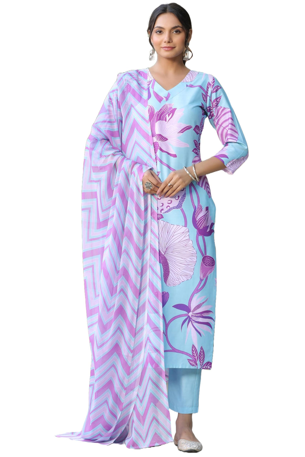 ANNI DESIGNER Womens Cotton Blend Straight Printed Kurta with Pant & Dupatta (Sohini Sky Blue_S_Sky Blue_Small)