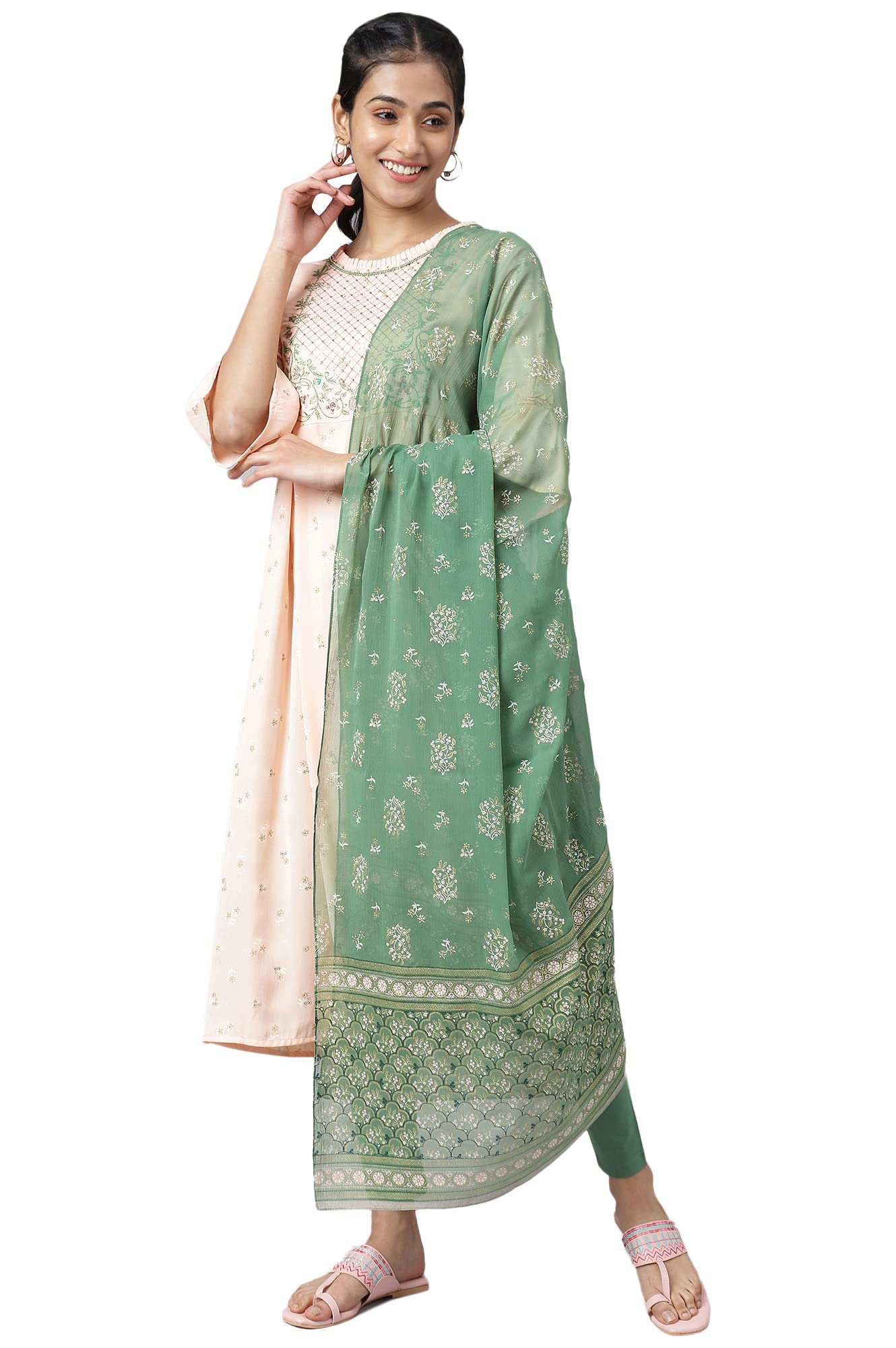 Aurelia Rayon WomenS Pink Embroidered Dress With Green Regular Fit Kurta Set_22Aud10483-503988_Xl