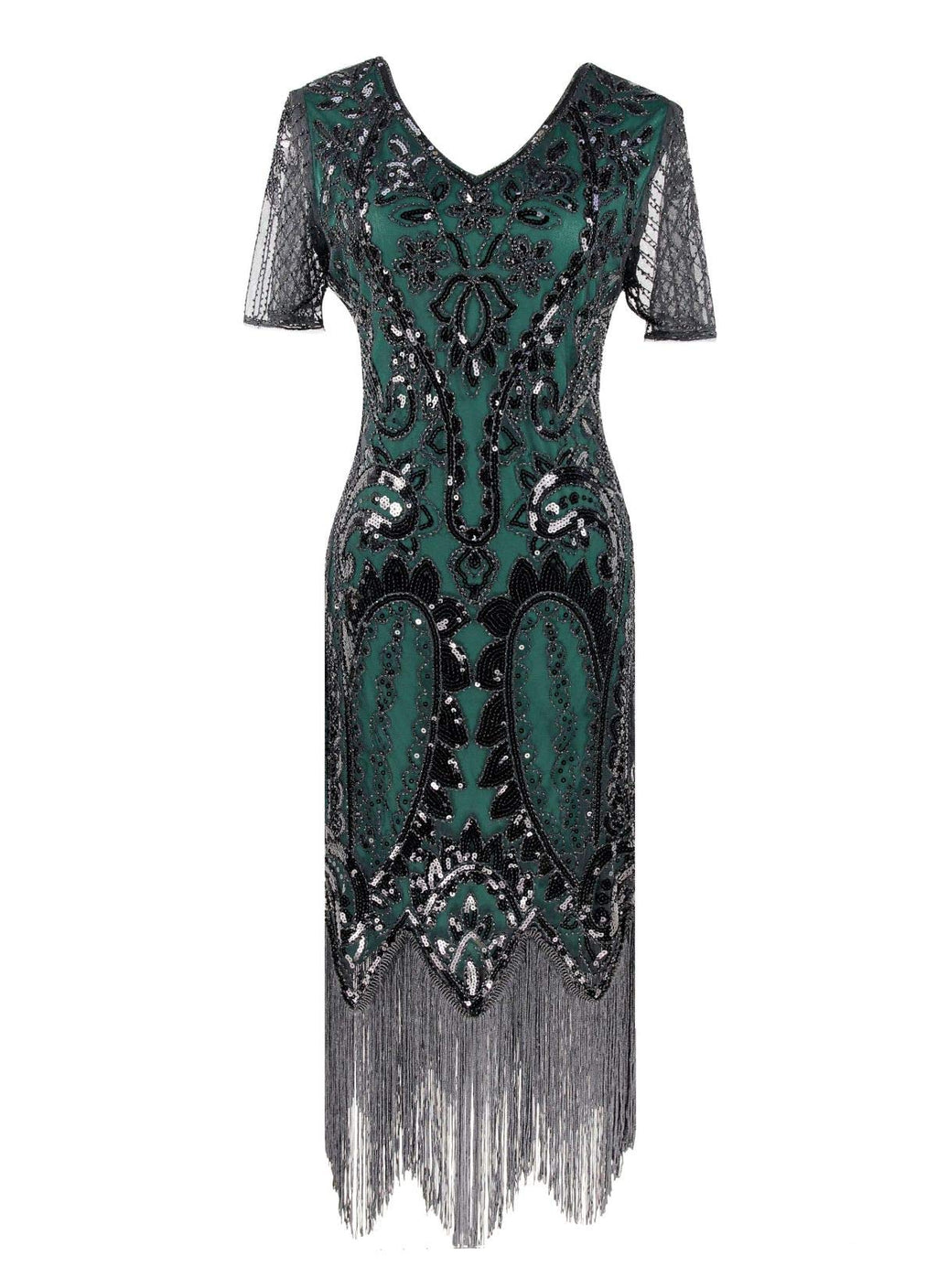 Fancy Clothing Women's 1920s Gatsby Inspired Sequin Beads Long Fringe Flapper Dress w/Accessories Set (Medium, Style09-Black&Gre