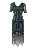 Fancy Clothing Women's 1920s Gatsby Inspired Sequin Beads Long Fringe Flapper Dress w/Accessories Set (Medium, Style09-Black&Gre