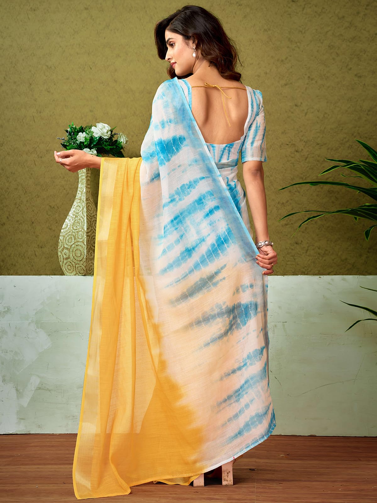 Satrani WomenS Linen Zari Border Printed Ready To Wear One Minute Pre Pleated Readymade Saree With Unstitched Blouse Piece (34R