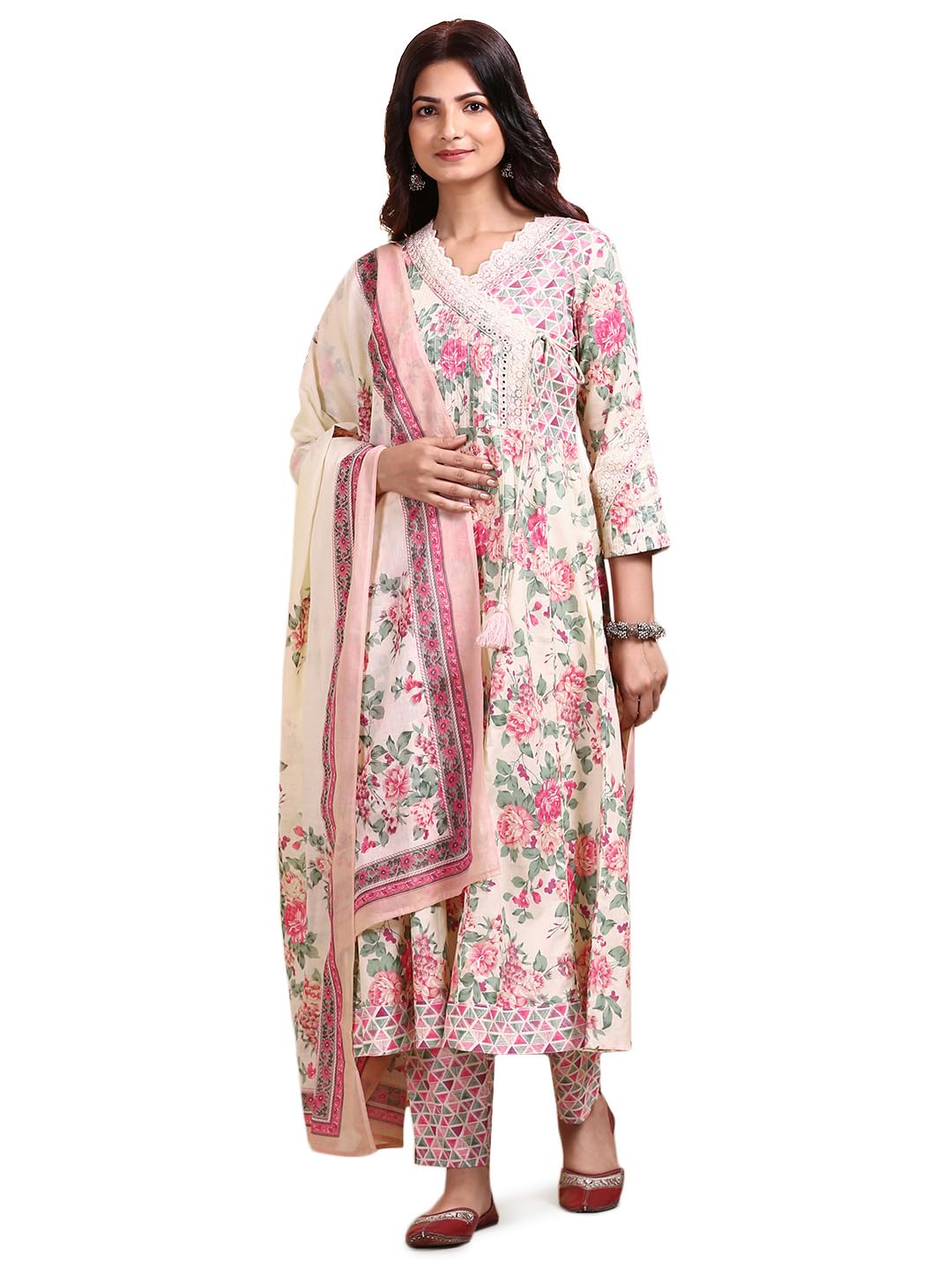 Ishin Floral Printed V-Neck Pure Cotton Kurta With Trousers & Dupatta | Kurta Set For Women | Kurta With Trousers And Dupatta