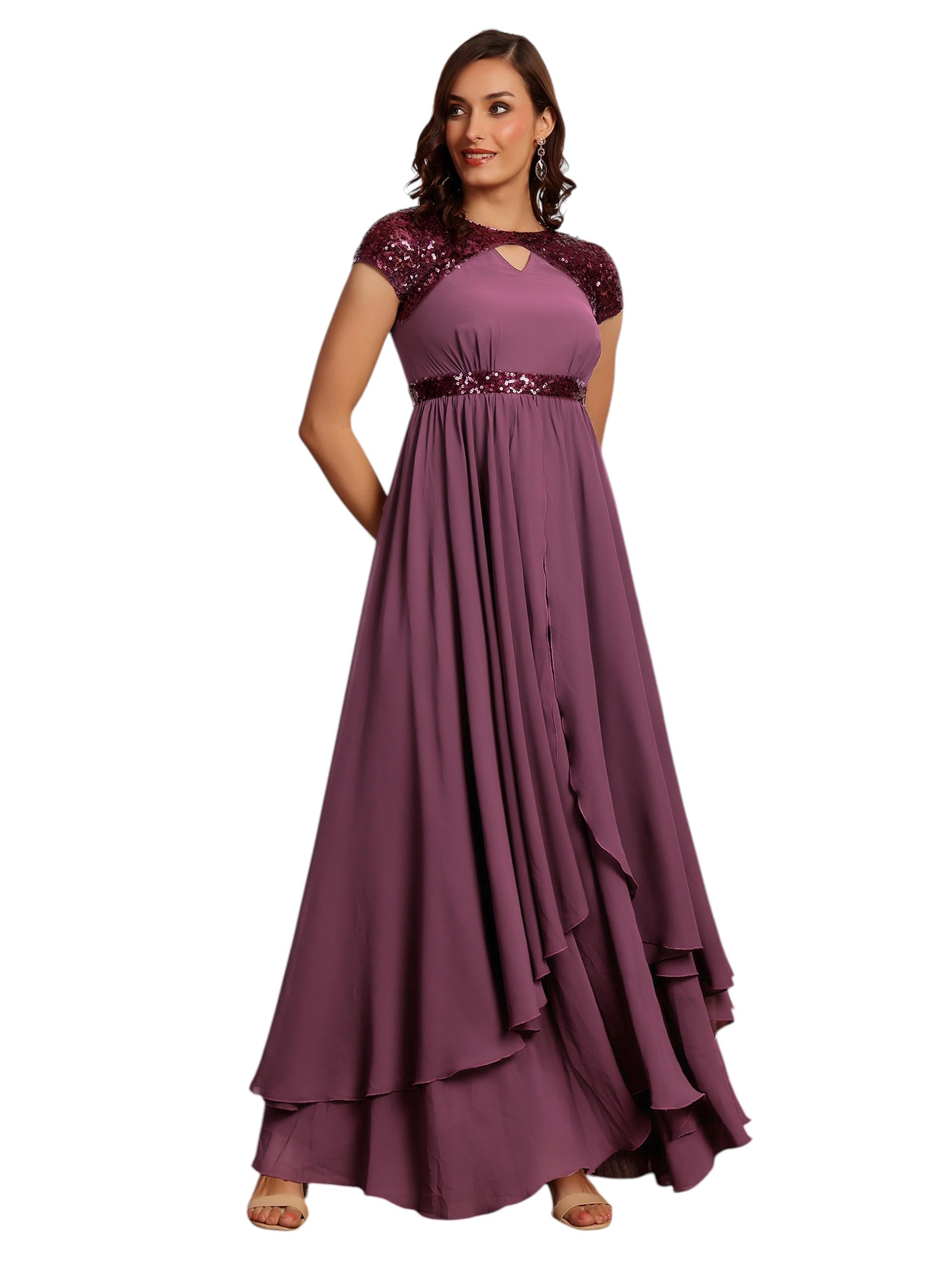 Miss Chase Womens Keyhole Short Sleeve Embellished Layered Georgette Maxi Dress (MCSS23D06-67-271-03, Mauve, S)