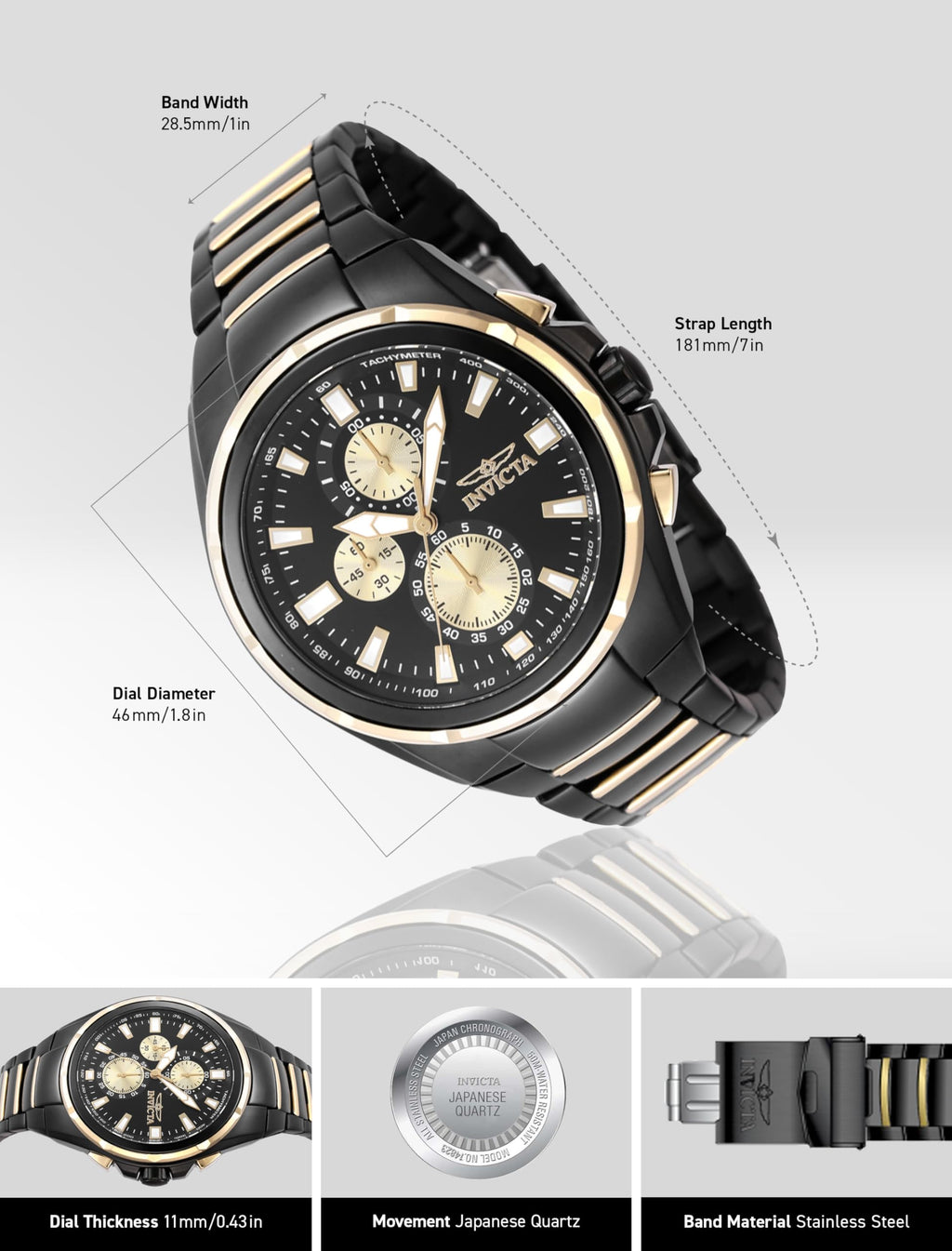 Invicta Men's Analog Quartz Watch with Stainless Steel Strap 47823, Black, Modern