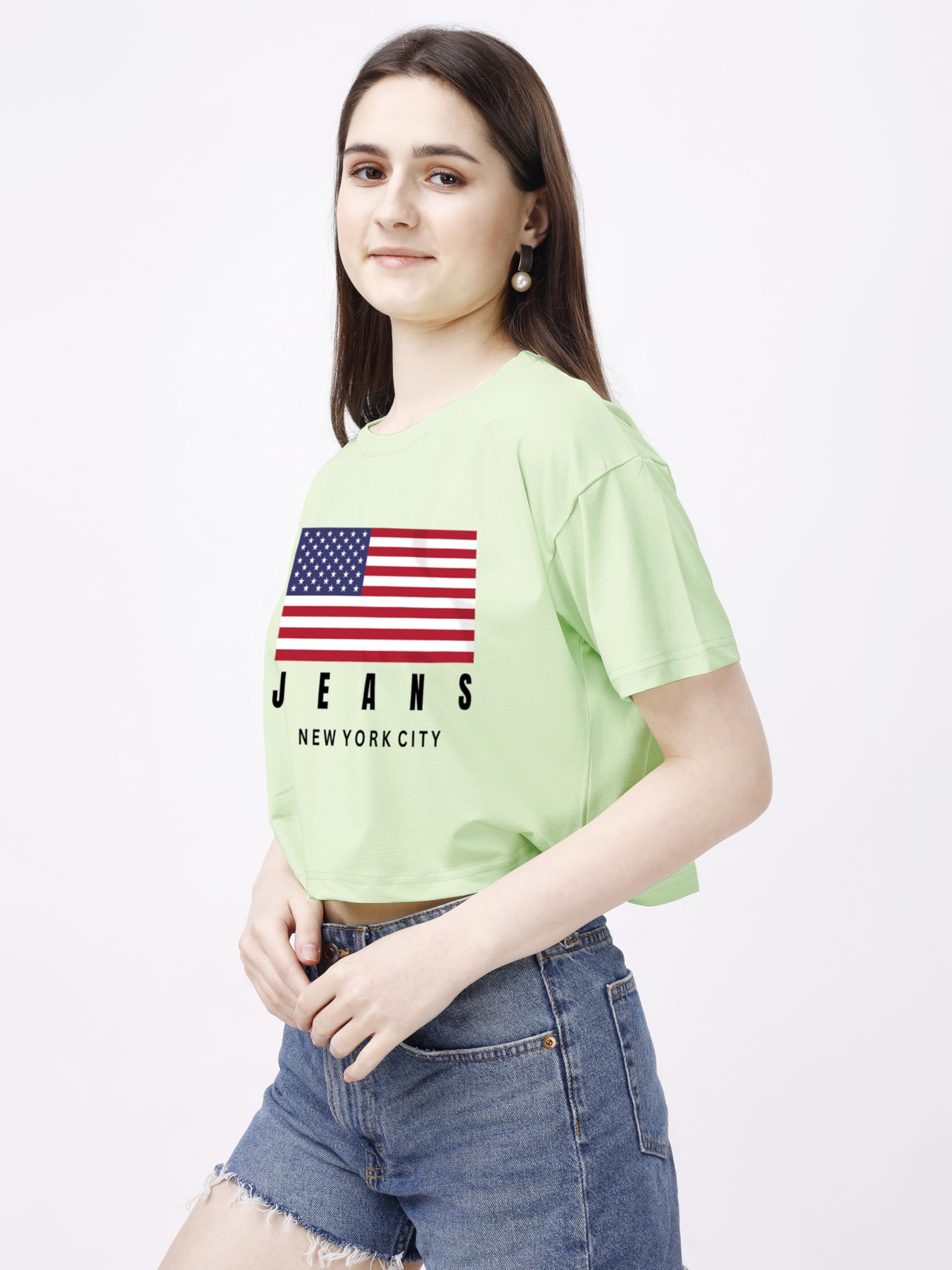 ELLITI Soft Rich Cotton Cyan/See Green Half Sleeve | Round Neck | Oversized/Loose Fit | Down Solder | US Flage Print Crop Top fo