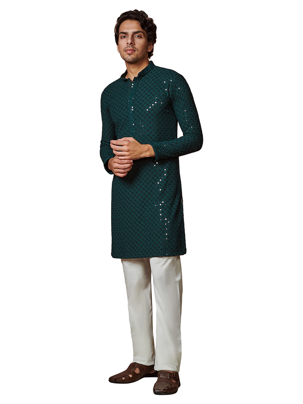 Manyavar Kurta Set for Men, Full Sleeves Mandarin Collar Ethnic Kurta Set for Diwali, Wedding, Party Embroidery (Green, S)