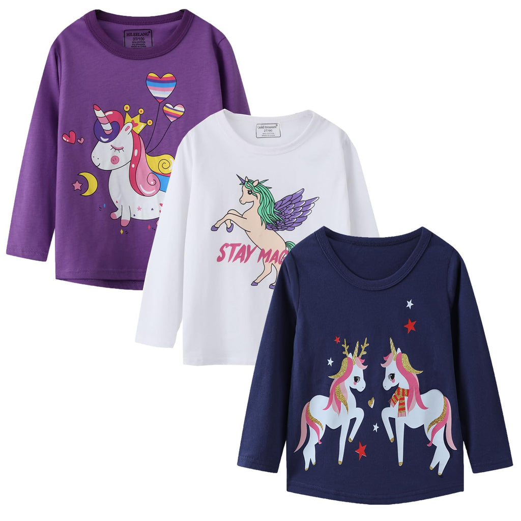 Baby Girl Long Sleeve T-Shirts Unicorn Christmas ELK Graphic Winter Cotton Casual Crewneck Tunic Tops Tee Shirts Sets 3 Pack 12M