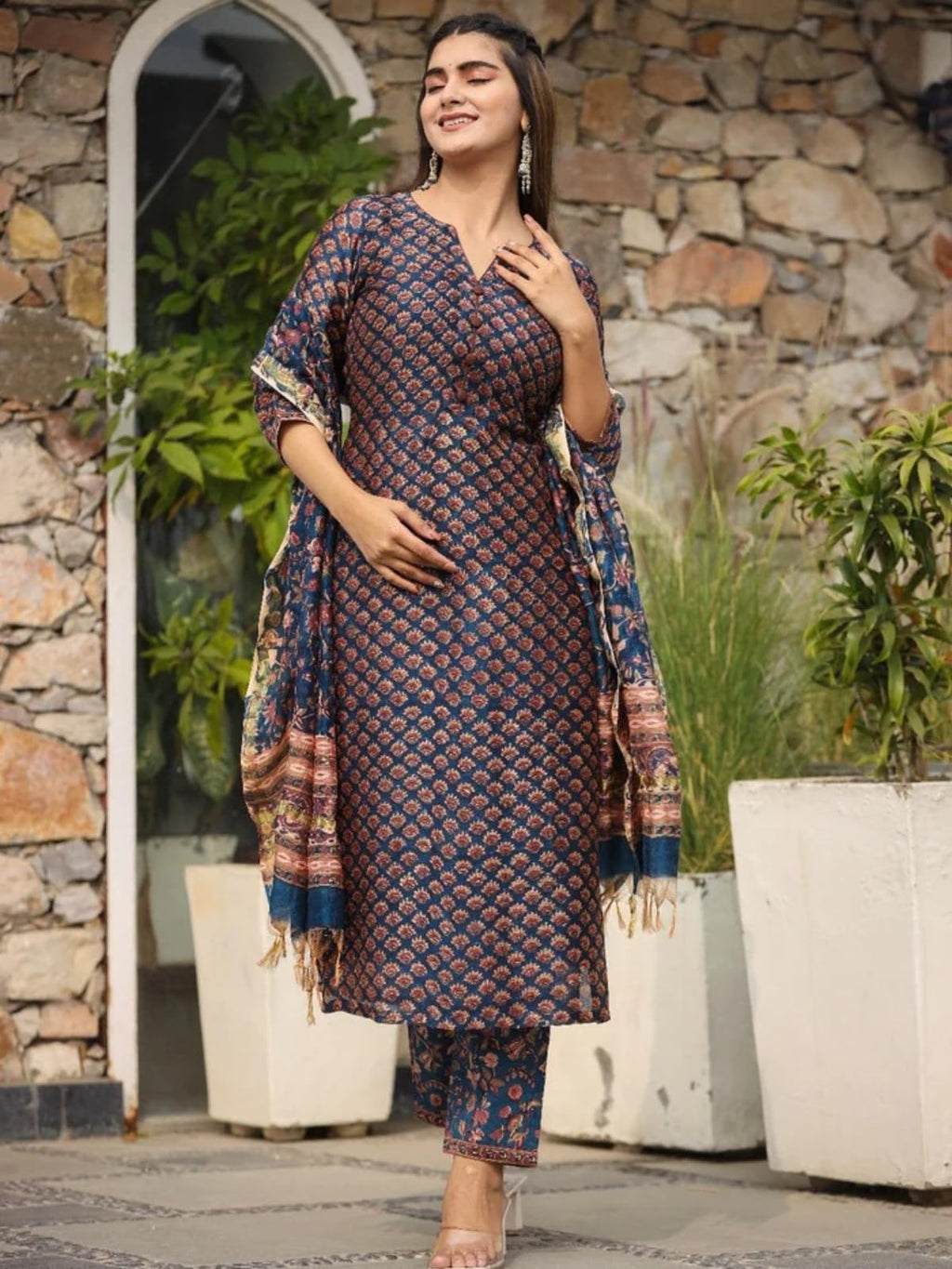 DHRUVI TRENDZ Women Cotton Blend Fancy Kurta Set Regular Fit Printed (DT-K2706&P128_Blue_S)