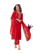 Sanisa Womens Cotton Blend Embroidery Straight Kurta with Pant and Foil Printed Dupatta (109KBD1191NZ-M_Red)