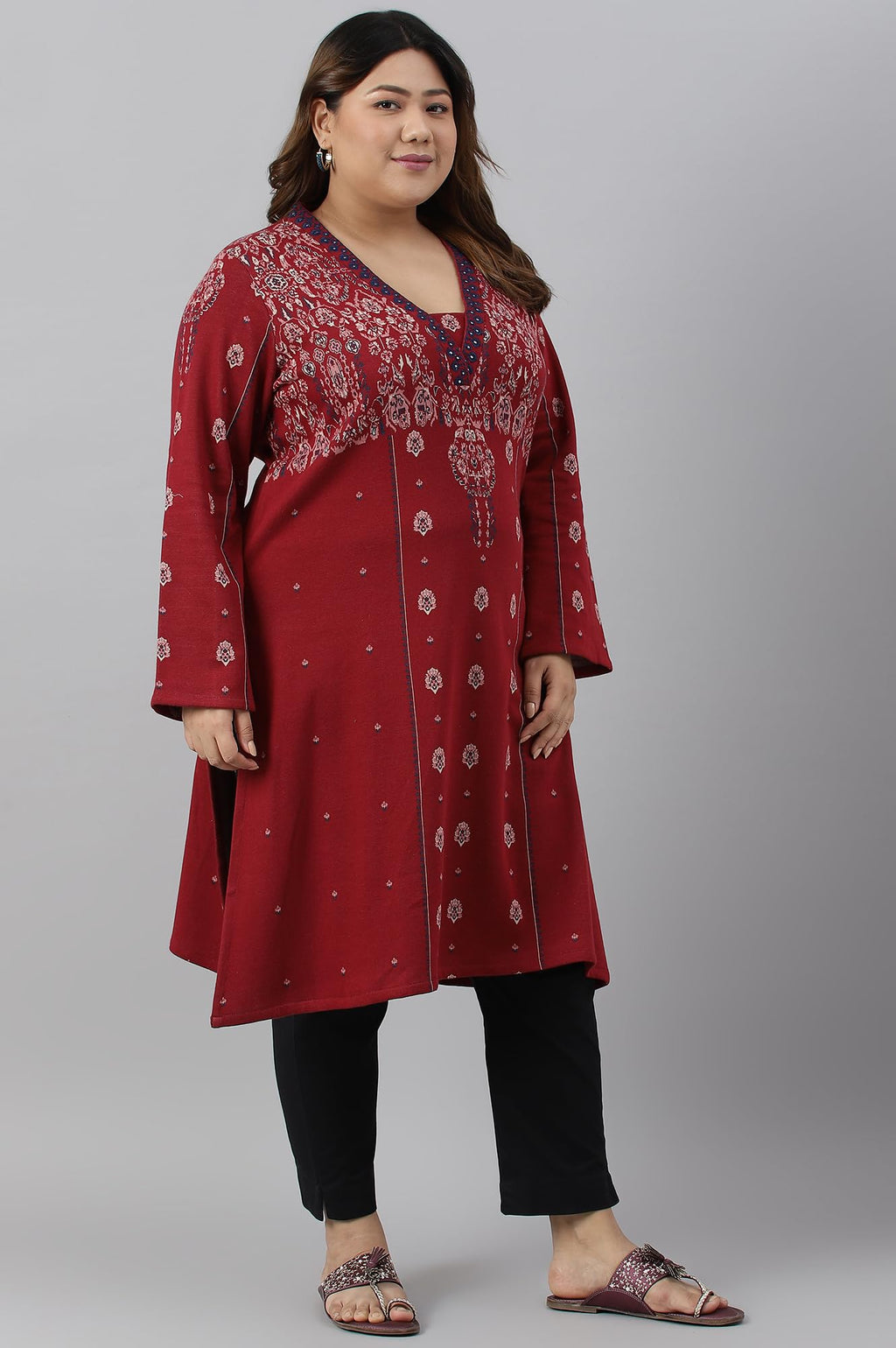 W For Woman Deep Red Embroidered Plus Size Winter Kurta