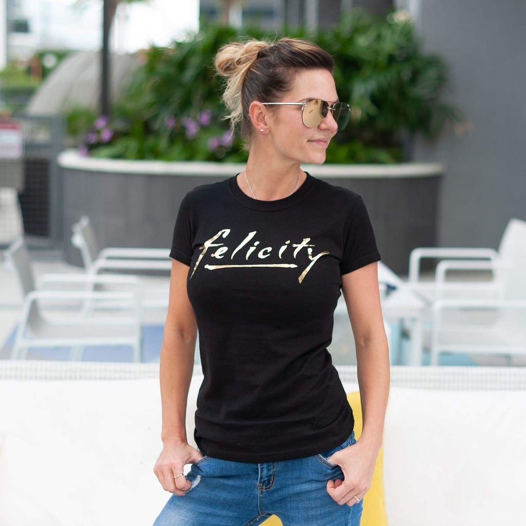 Felicity Gold Logo Junior's Black Cotton T-Shirt - Small