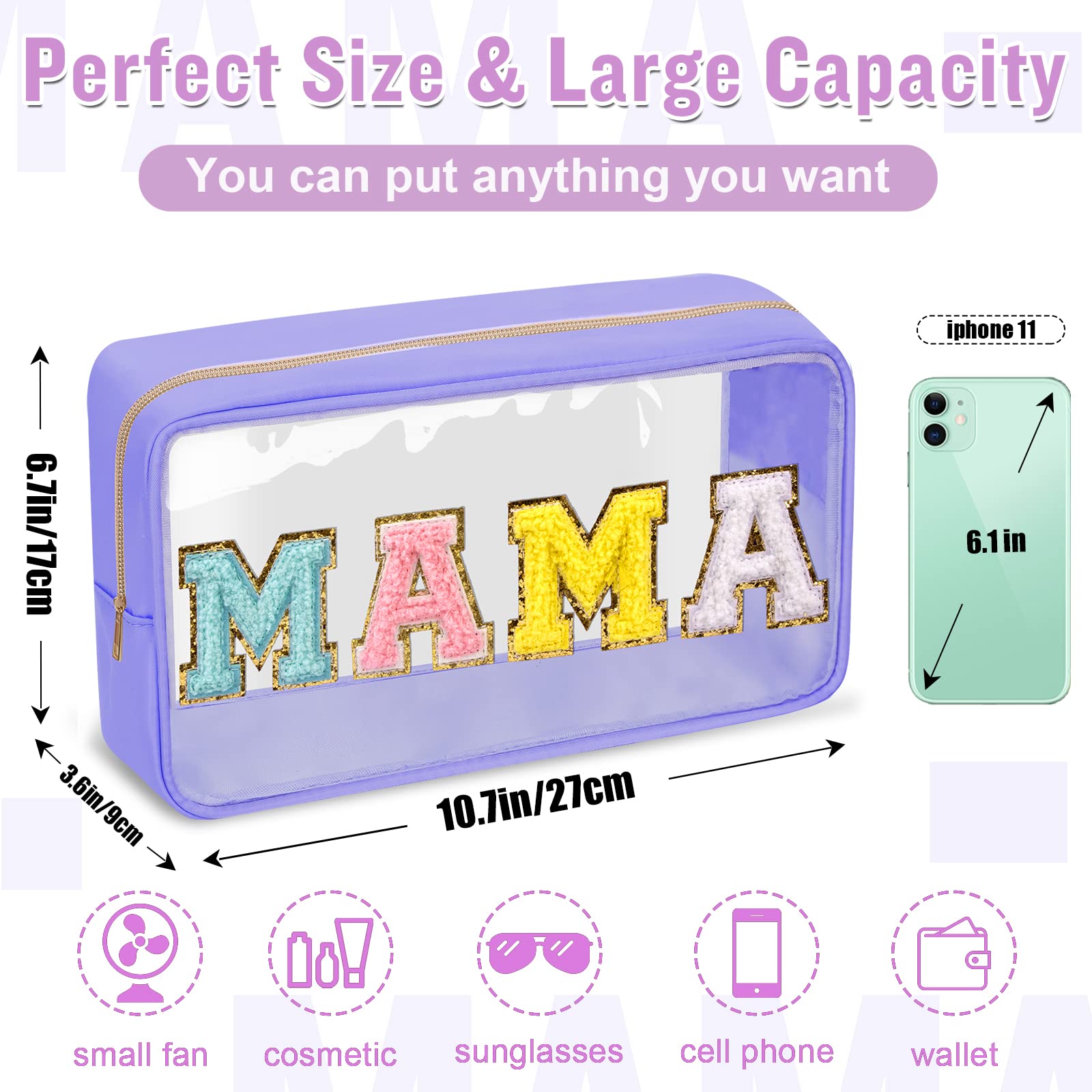 Chenille Letter Clear Makeup Bag with Zipper and Waterproof Nylon Material