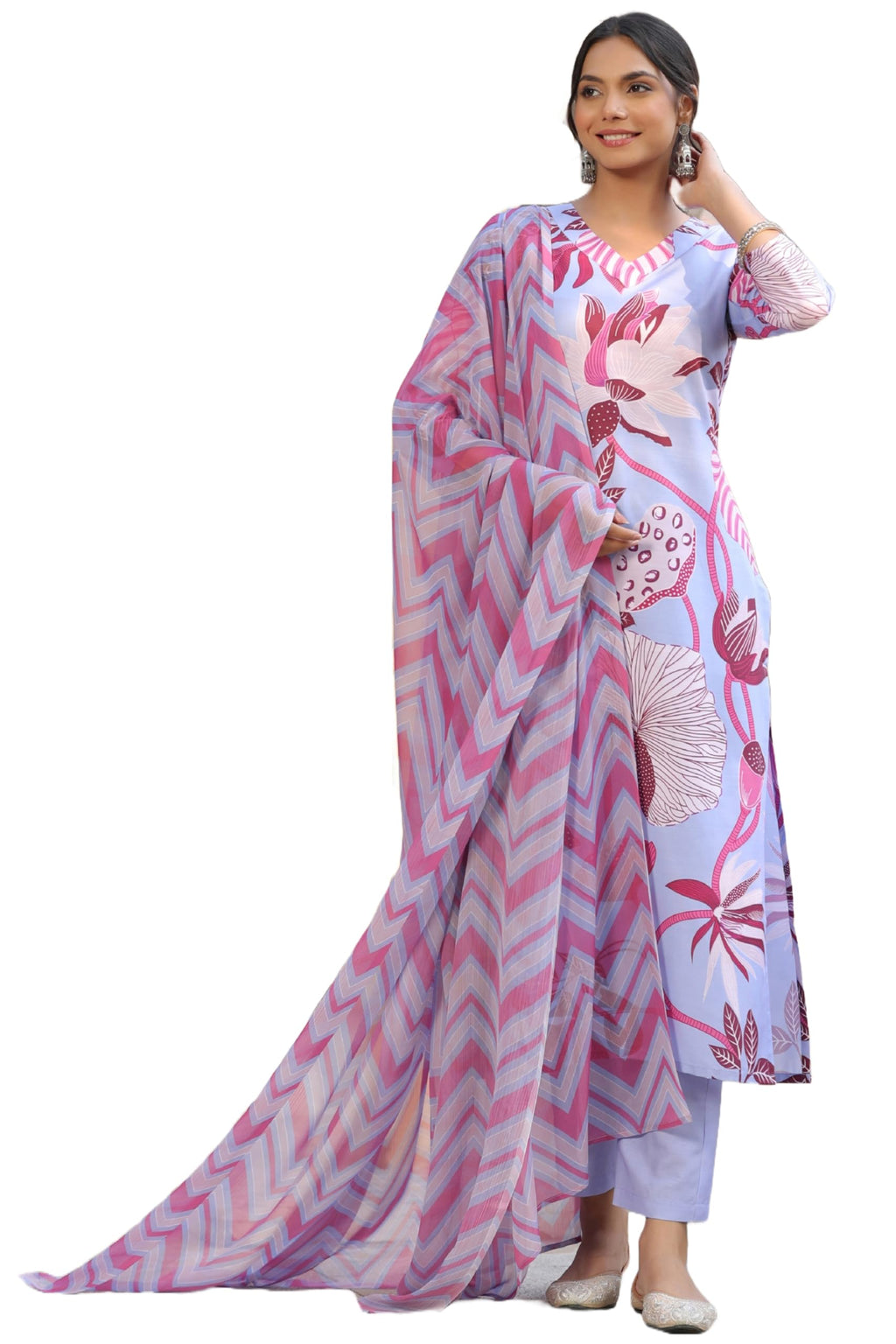 ANNI DESIGNER Women's Cotton Blend Straight Printed Kurta with Pant & Dupatta (Sohini Wine-NW_L_Wine_Large)