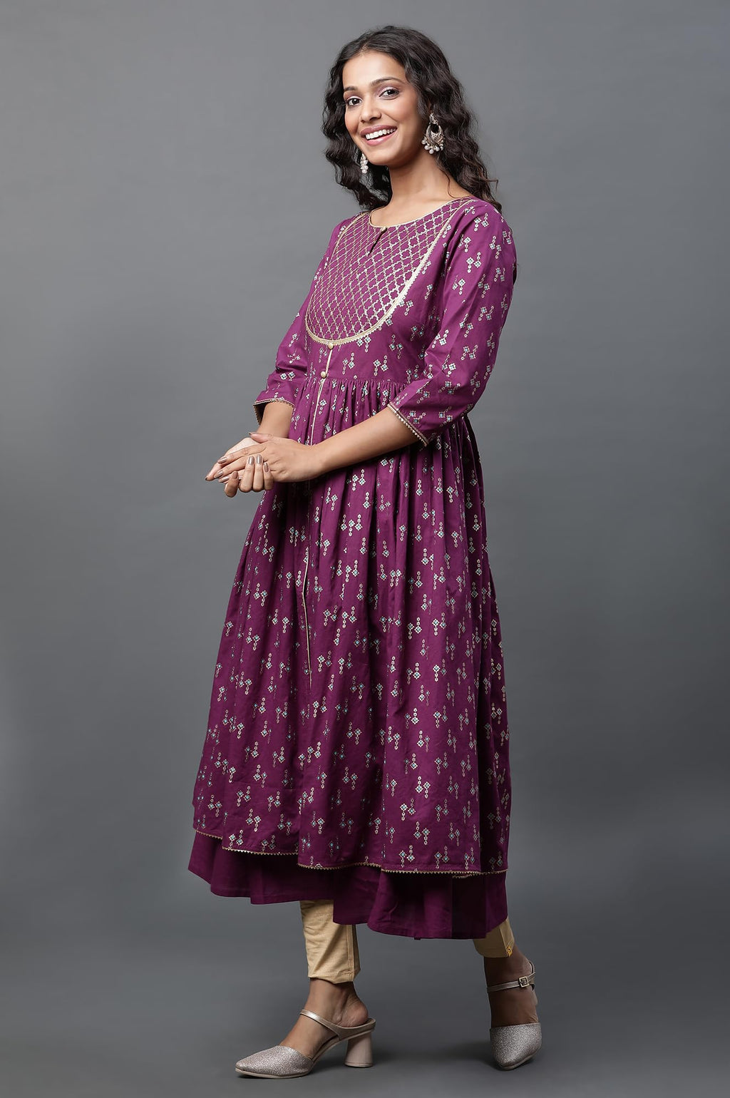 Aurelia Purple Geometric Printed Printed Lace Cotton Anarkali Kurta