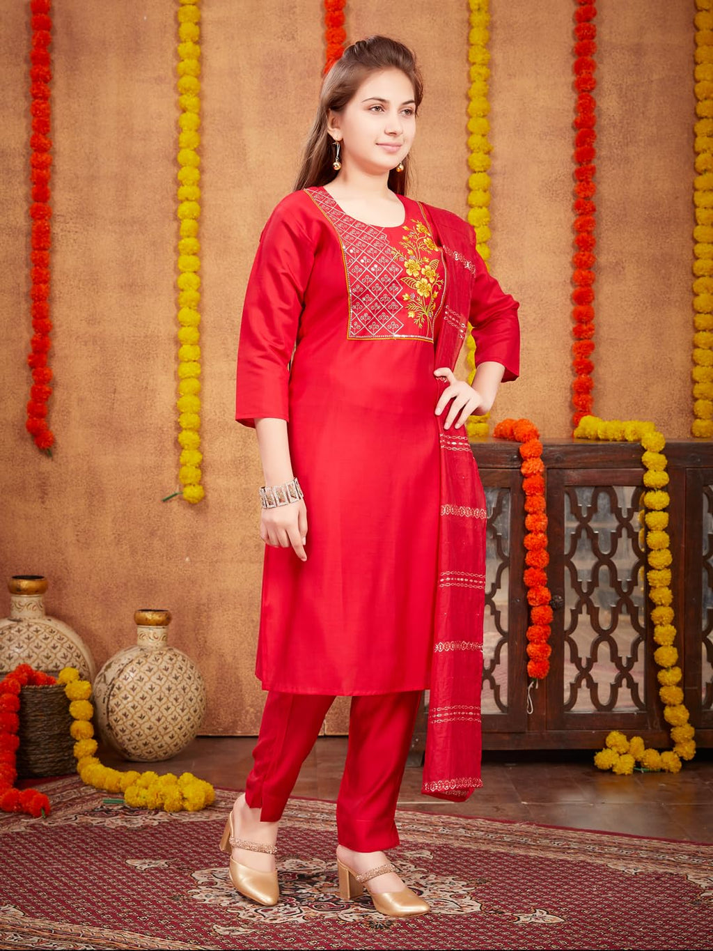 Aarika Girls Ethnic Wear Mustard Colour Zari Thread Embroidery Silk Kurti Pant Set