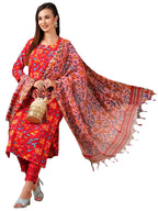 ANNI DESIGNER Ladies Cotton Blend Kurta with Trousers and Dupatta, red, M