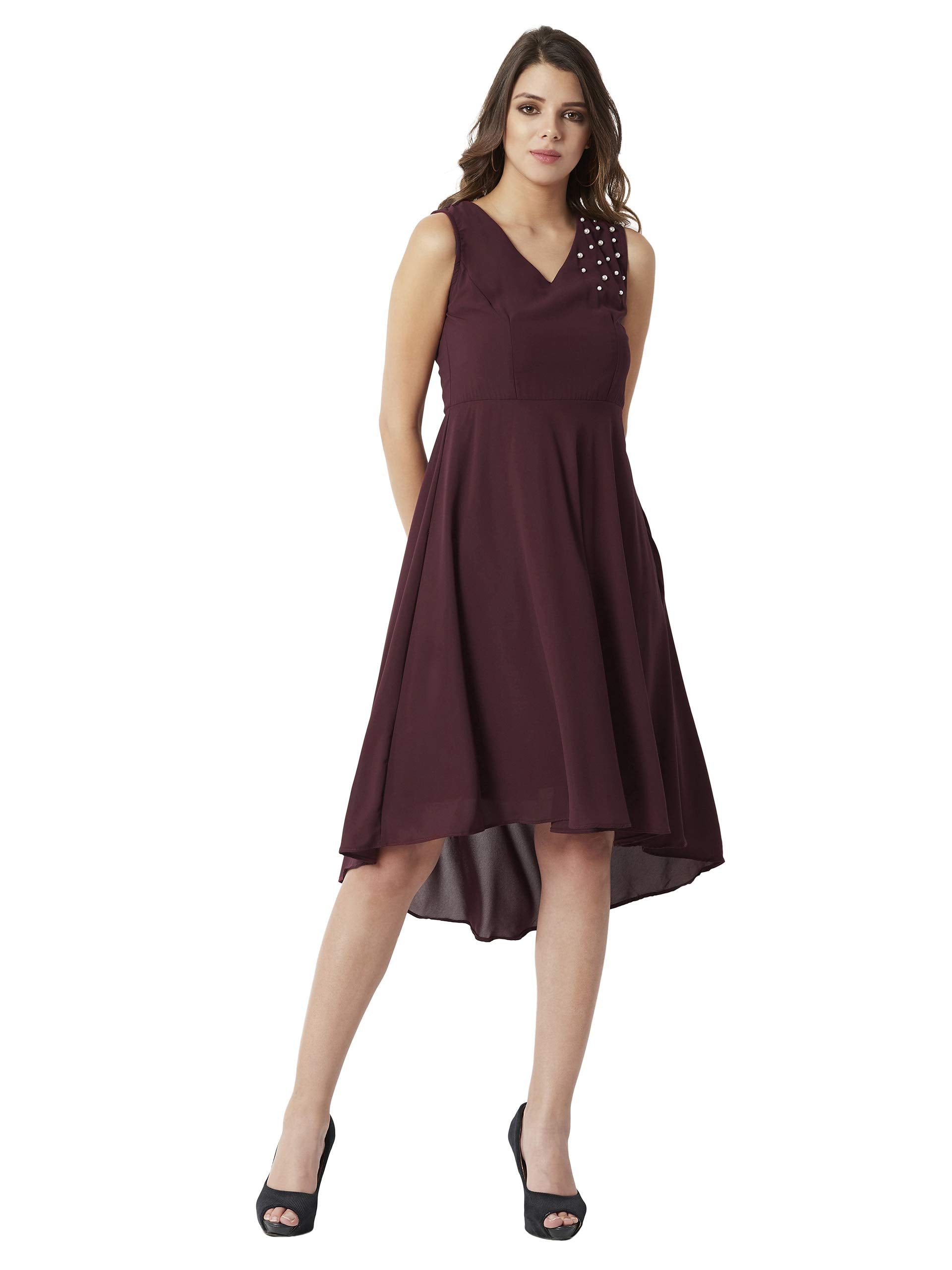 Miss Chase WomenS Maroon V-Neck High-Low Skater Dress (Mcss18D10-73-143-06, Maroon, X-Large)