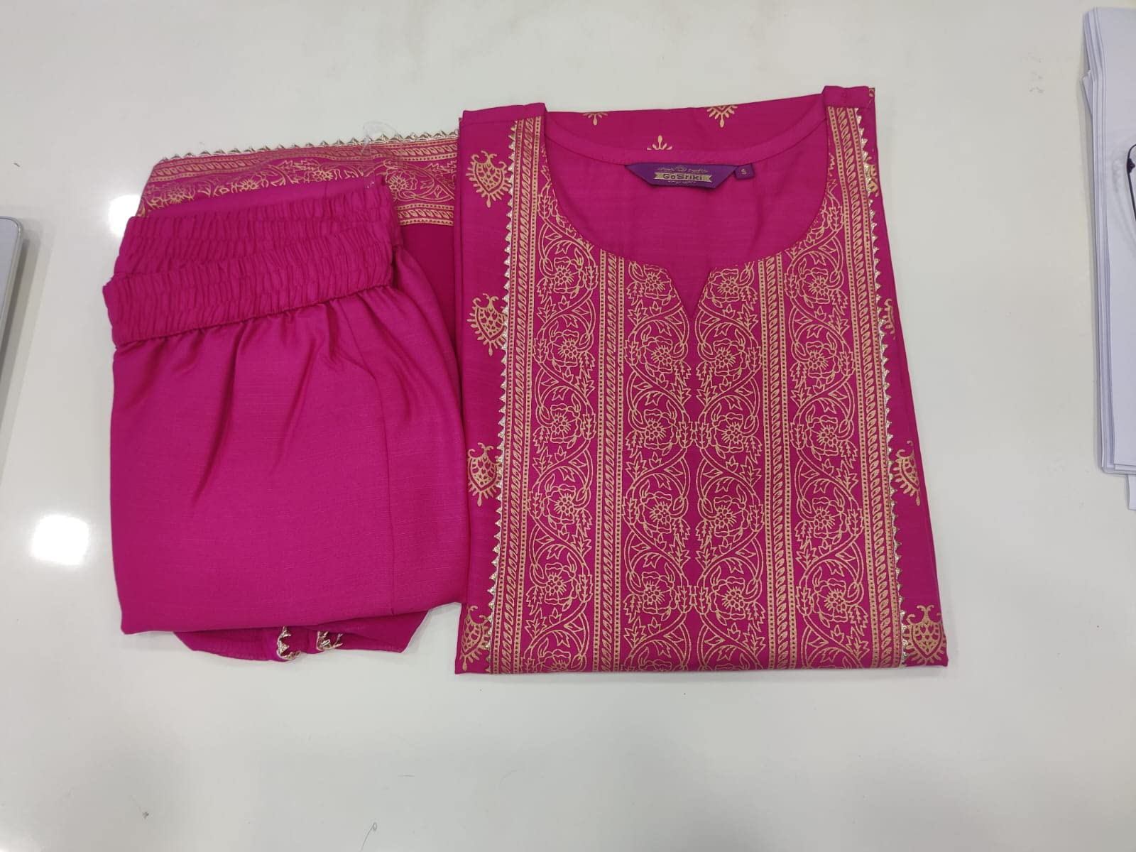 ANNI DESIGNER Womens Cotton Straight Kurta with Pant & Dupatta (KPTD-COT-10132-Pink_XL_Pink_X-Large)