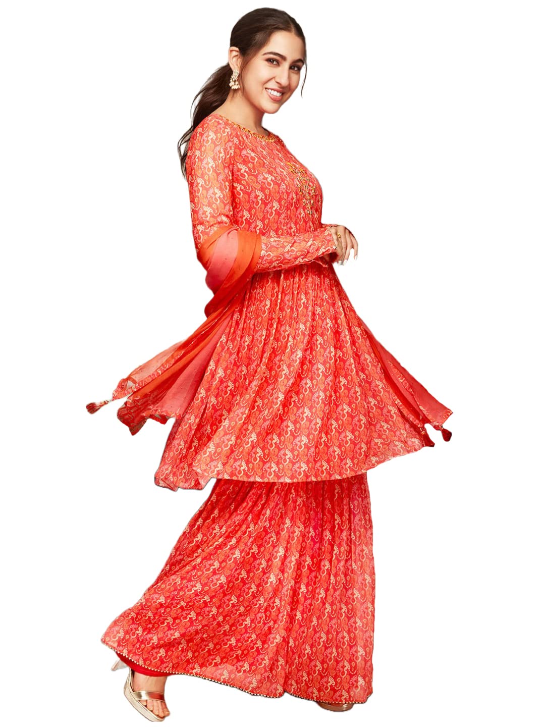Gosriki Women'S Georgette A-Line Ethnic Motifs Printed Mirror Work Kurta With Sharara & Dupatta (Othani Orange-Gs_Xxl_Orange_Xx-