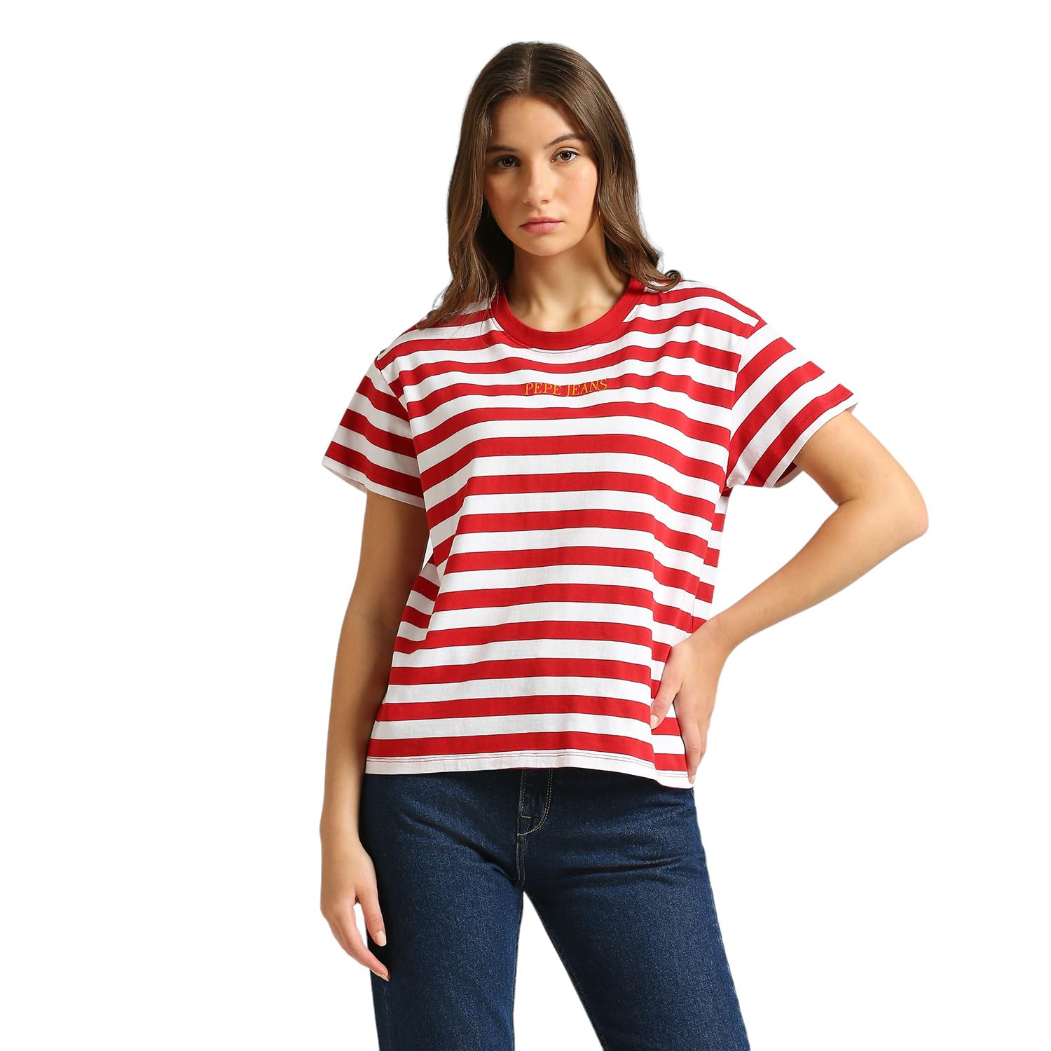 Pepe Jeans WomenS Striped Relaxed Fit T-Shirt (Pl505930_Red