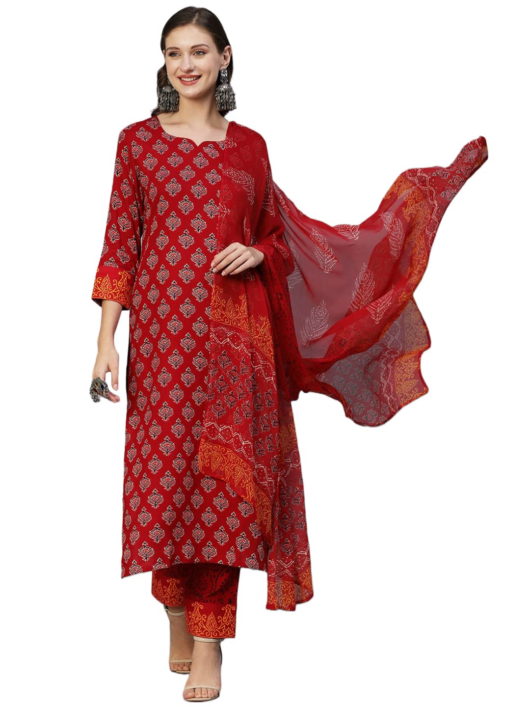 ANNI DESIGNER Womens Cotton Blend Floral Printed Straight Kurta with Pants & Dupatta (Shank-Maroon-CGD_M_Red_Medium)