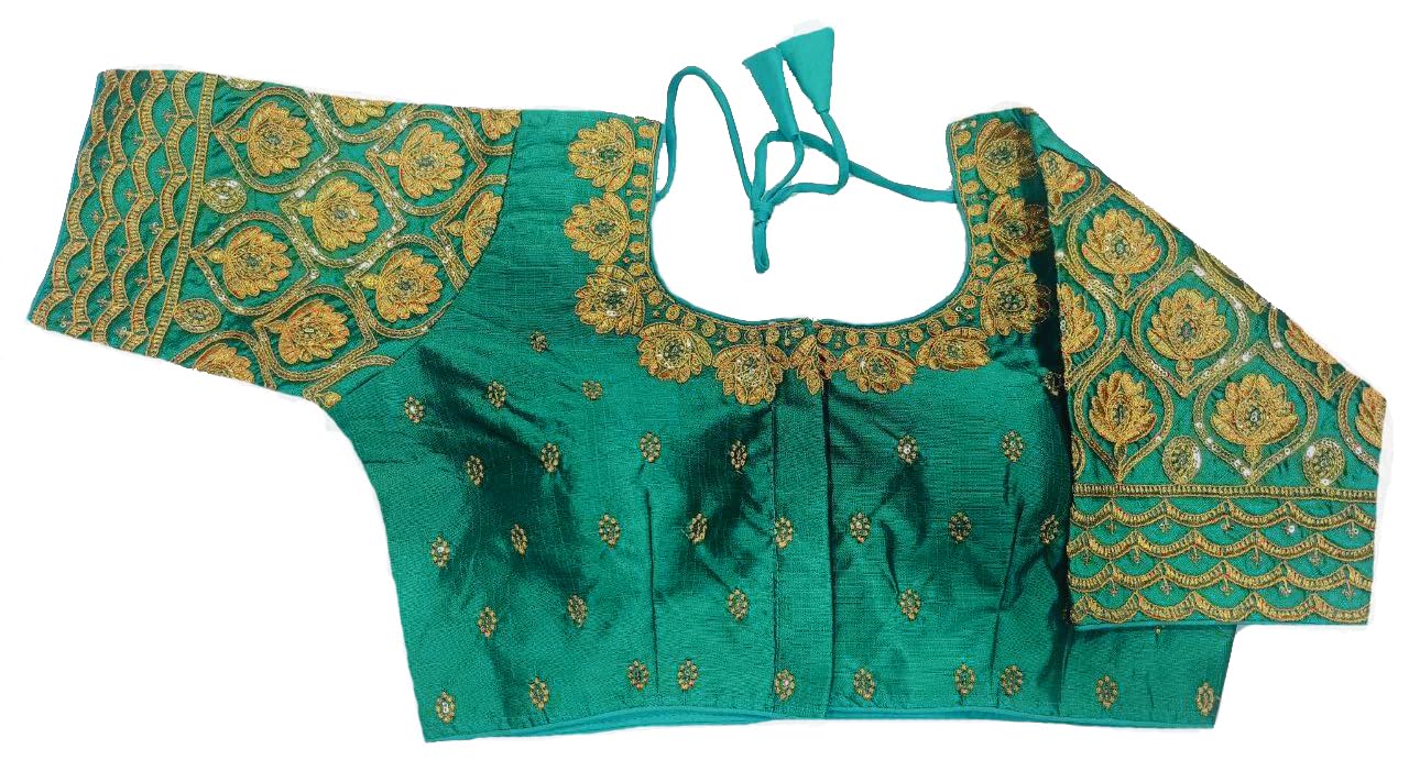Pujia Mills WomenS Phantom Silk Golden Jari Embroidery With Codding Sequin Work Blouse Heavy Sequence Work Blouses Half Sleeve 
