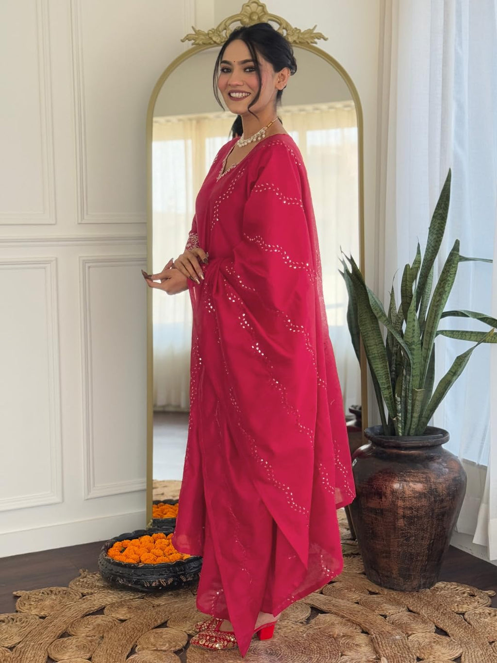 Naixa Womens Gajri Chanderi Embroidered Straight Kurta with Chanderi Silk Pant and Chanderi Silk Laced Dupatta Sets