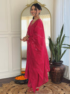 Naixa Womens Gajri Chanderi Embroidered Straight Kurta with Chanderi Silk Pant and Chanderi Silk Laced Dupatta Sets