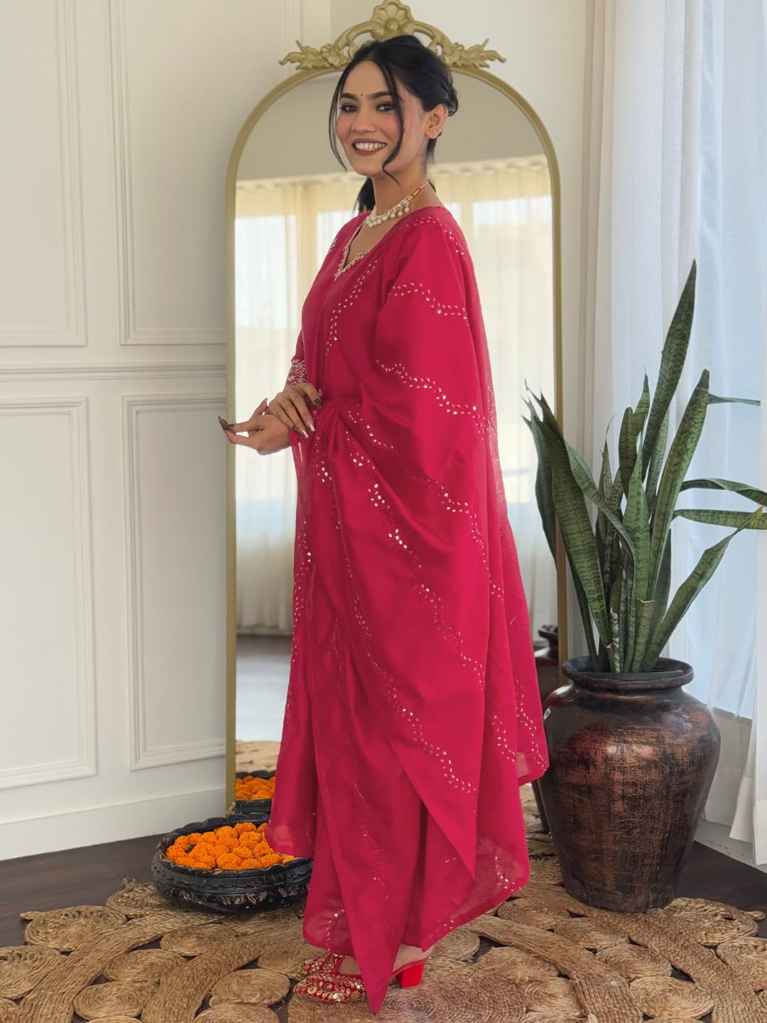 Naixa Womens Gajri Chanderi Embroidered Straight Kurta with Chanderi Silk Pant and Chanderi Silk Laced Dupatta Sets
