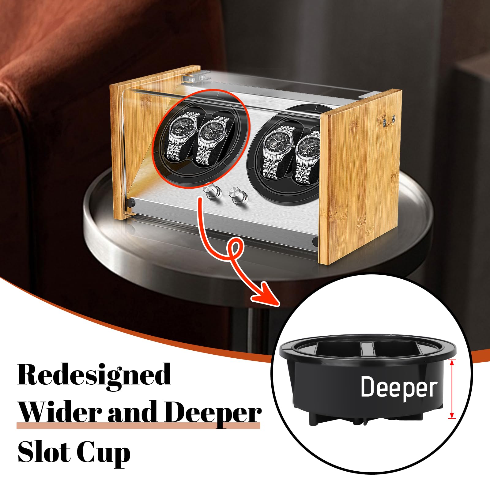 Watch Winder for 4 Automatic Watches - Bamboo Watches Winder Box with Quiet Motor 4 Rotation Mode Setting by Watch Winder Smith