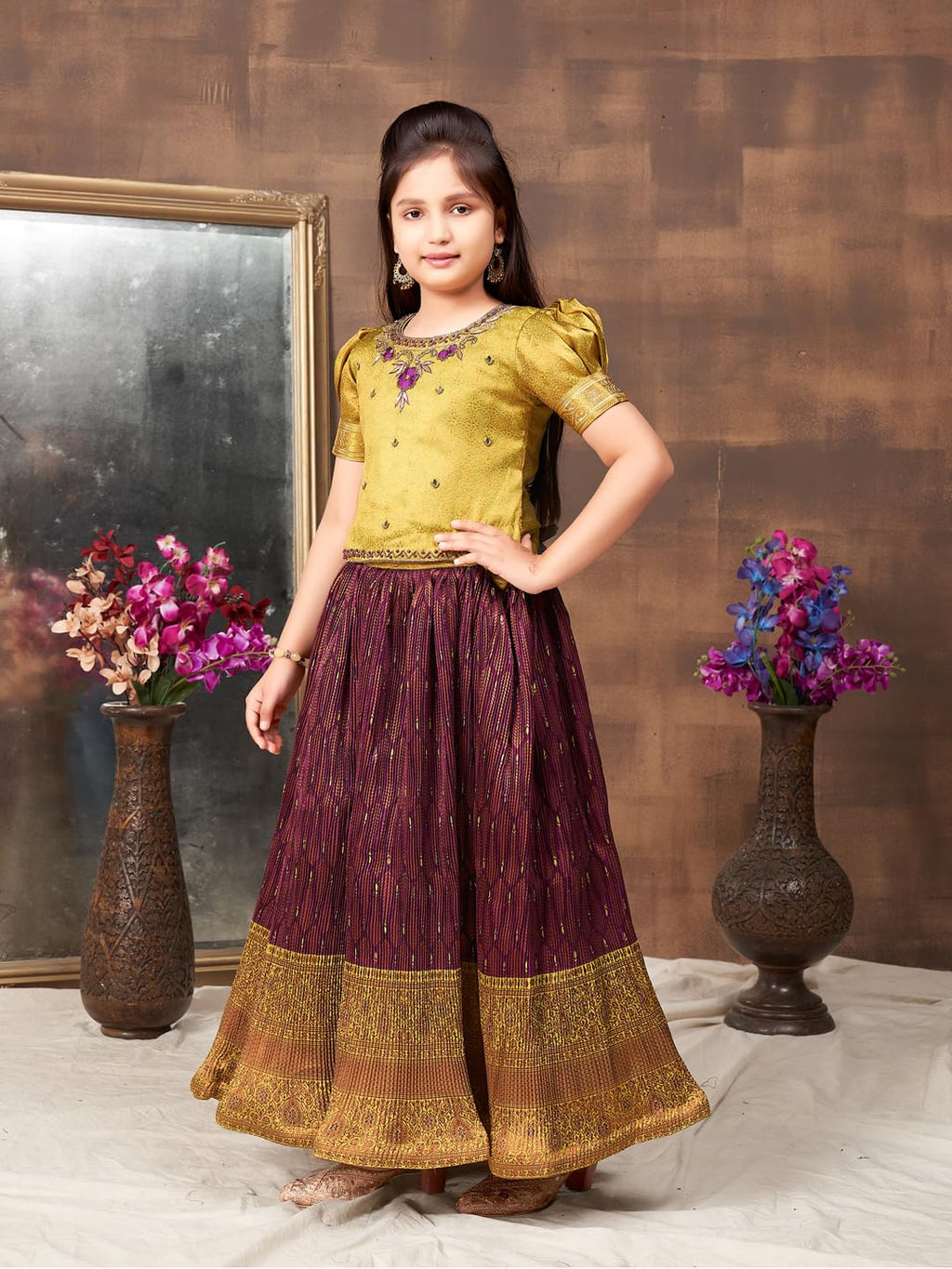 Aarika Girls Ethnic Wear Green Colour Hand Embroidery Lace Work Brocade Lehenga Choli Set (5-11 Years)