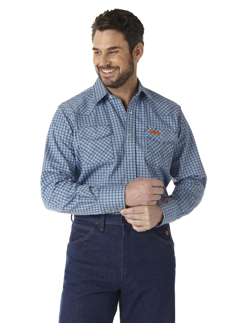 Wrangler Riggs Workwear mens Fr Flame Resistant Western Long Sleeve Two Pocket Snap Work Utility Button Down Shirt, Blue Plaid, 