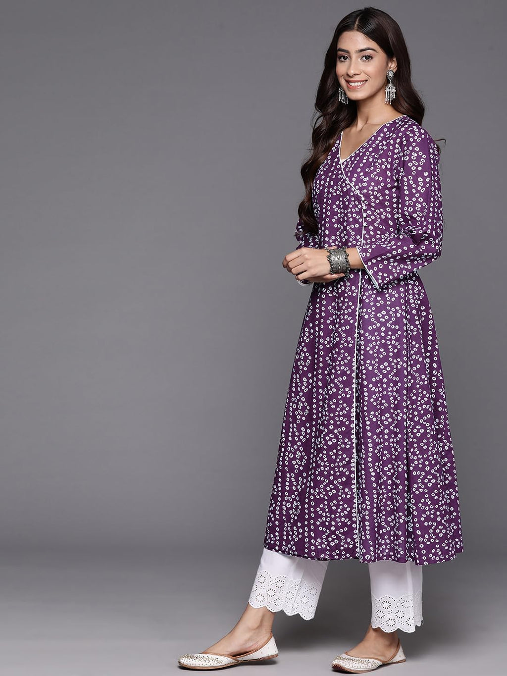 Varanga Women Purple V-Neck Bandhani Print Angrakha Style Anarkali Kurta With Piping Detail For Traditional (Medium)