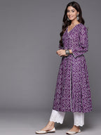 Varanga Women Purple V-Neck Bandhani Print Angrakha Style Anarkali Kurta With Piping Detail For Traditional (Medium)