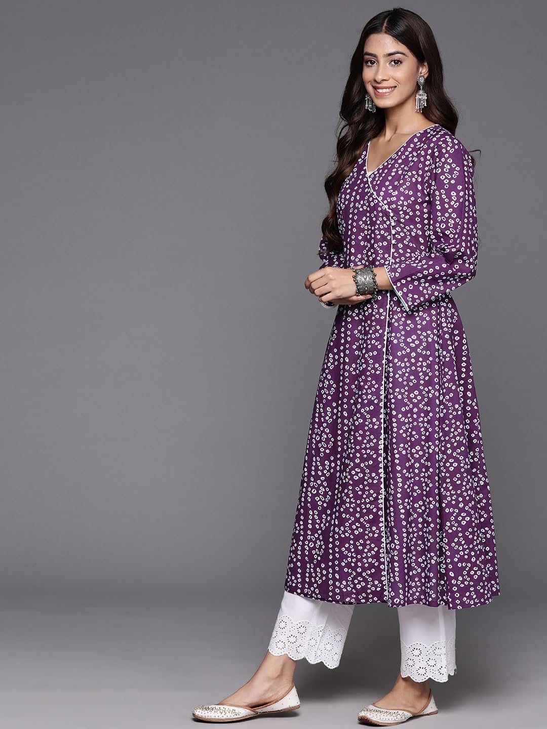 Varanga Women Purple V-Neck Bandhani Print Angrakha Style Anarkali Kurta With Piping Detail For Traditional (Medium)