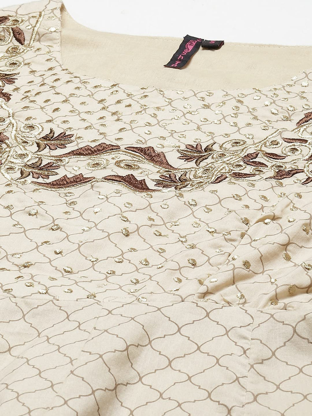 Ishin Women'S Cotton Anarkali Embroidered Thread Work Floral Print Beige Kurti With Dupatta