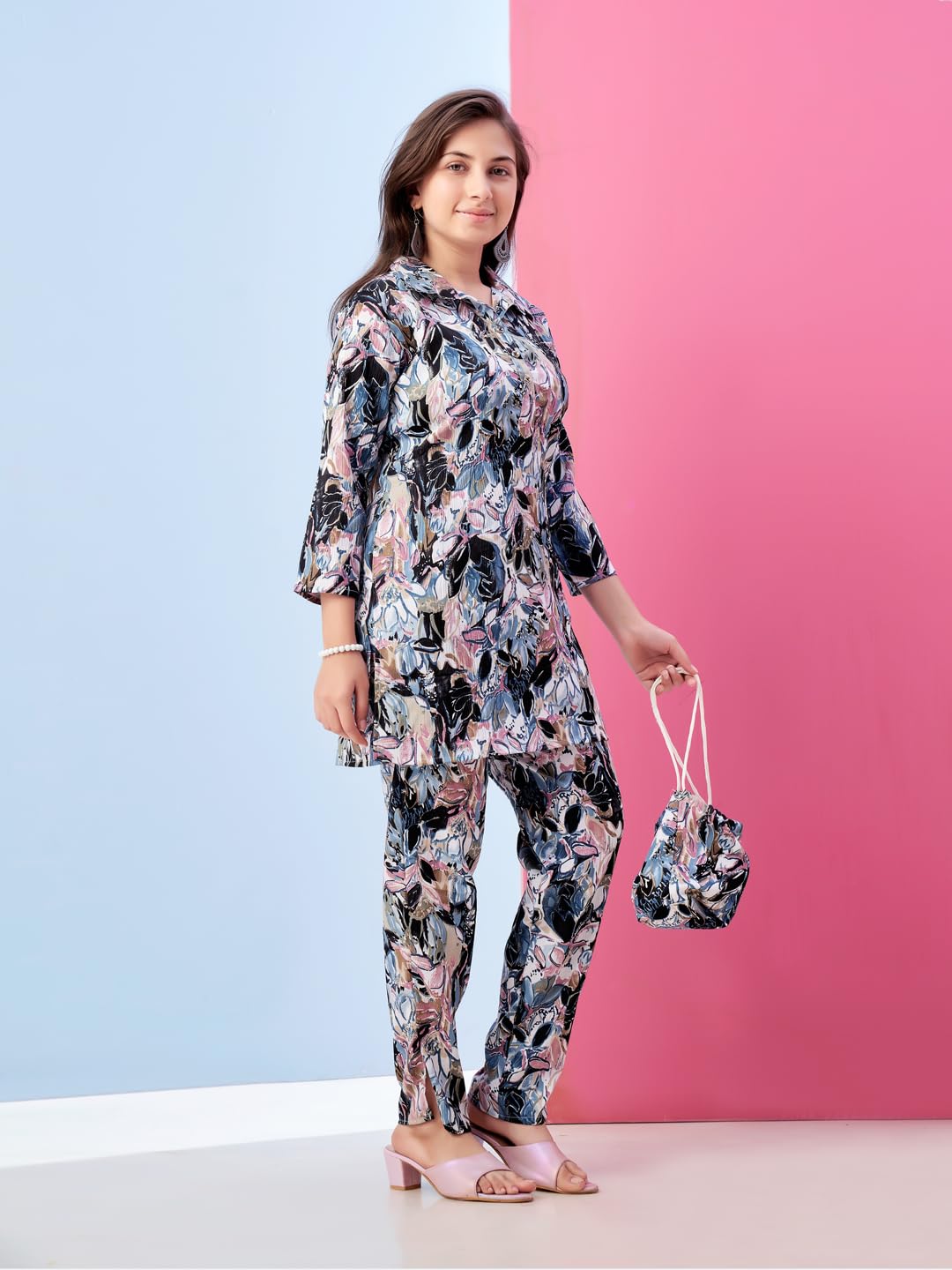 Aarika Girls Casual Wear Blue Colour Floral Print Polyester Co-ord Set-8-15 Years (KP-TR-K-971)