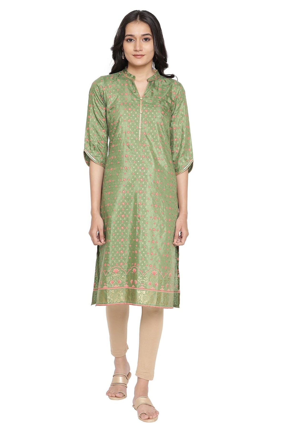 Aurelia WomenS Polyester Green Ornamental Mandarin Collar Straight Kurta_21Aua12719-504388_M