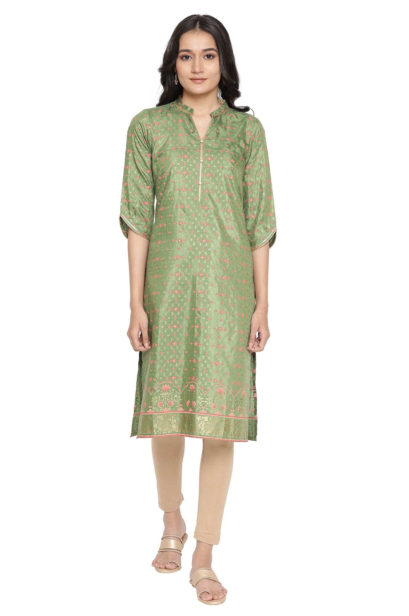 Aurelia WomenS Polyester Green Ornamental Mandarin Collar Straight Kurta_21Aua12719-504388_Xs